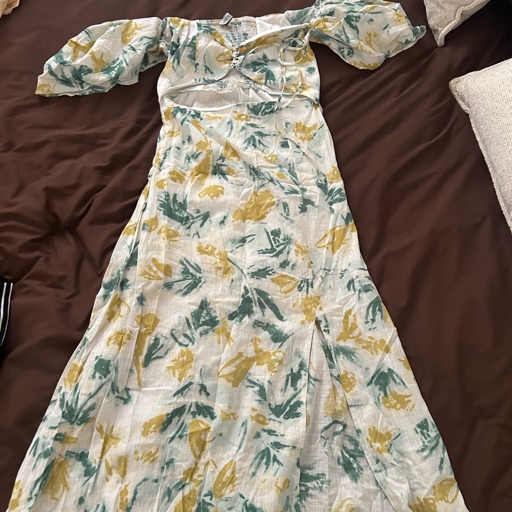 Women's White Floral Maxi Dress with Green and Yellow Print